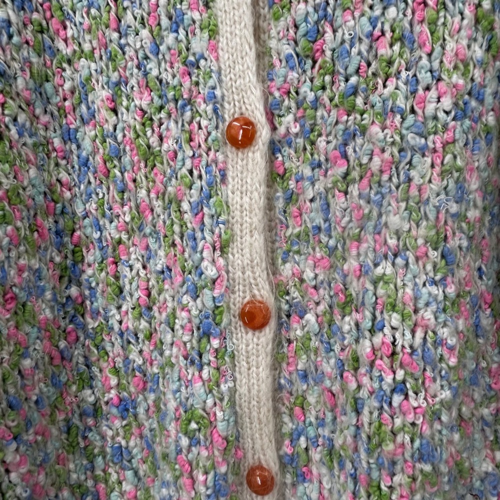 Vintage Handmade Chunky Knit Cardigan Multi Color Speckled Buttons Cream Trim‎ - Picture 3 of 8